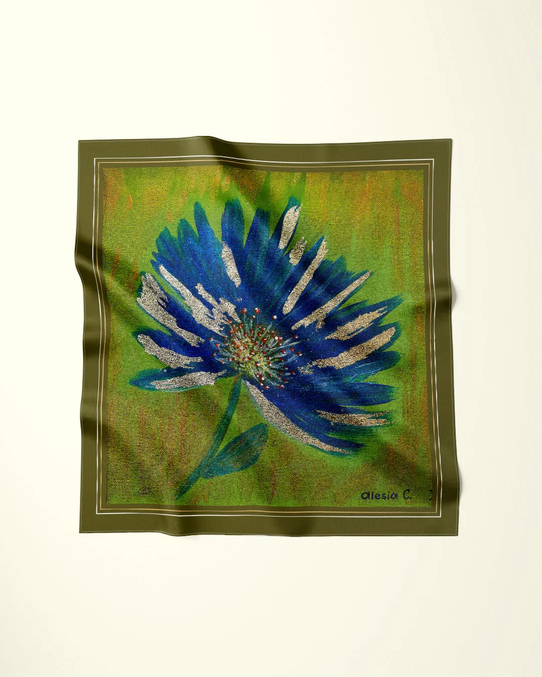 ABSTRACT CORNFLOWER Desiger 100% Silk Art-A-Porte Scarf in Blue Olive