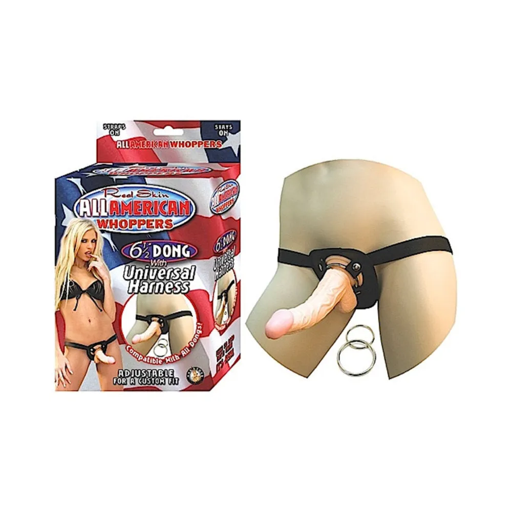 All American Whoppers 6.5-Inch- Dong With  Universal Harness- Flesh