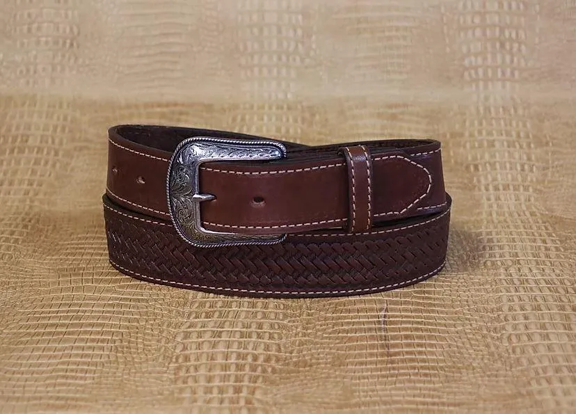 Allegheny Leather Men's Dark Brown Basketweave Stamped Leather Belt 2232