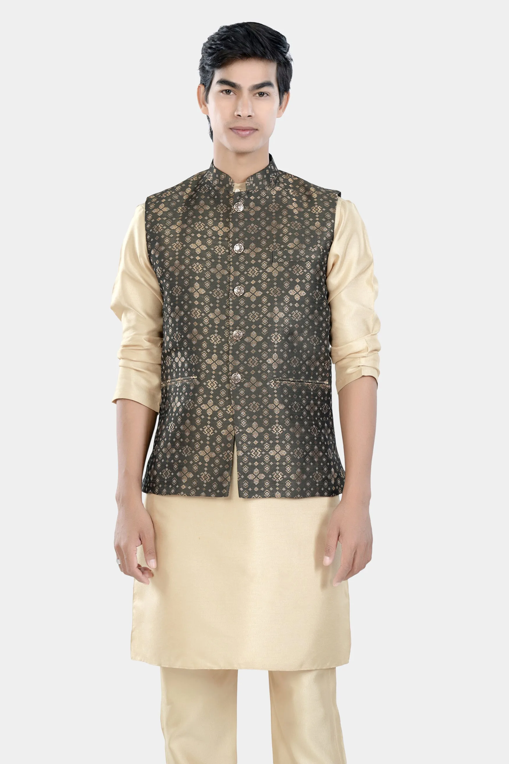 Almond Brown Kurta Set with Fuscous Green and Mongoose Brown Floral Jacquard Textured Designer Nehru Jacket