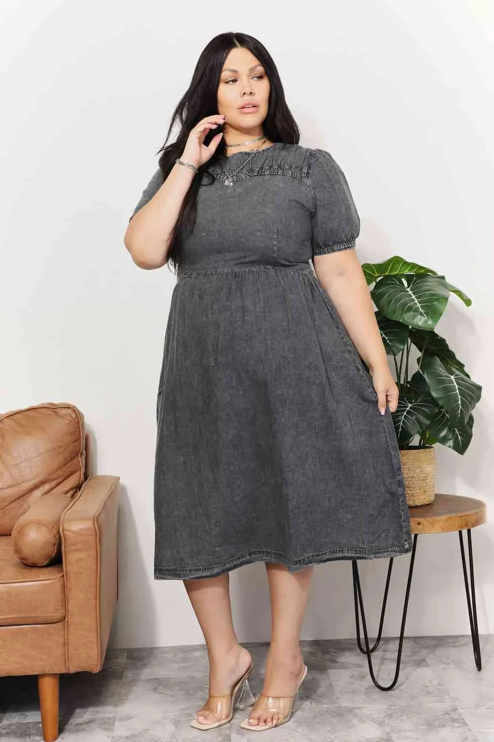 And The Why  Full Size Washed Chambray Midi Dress