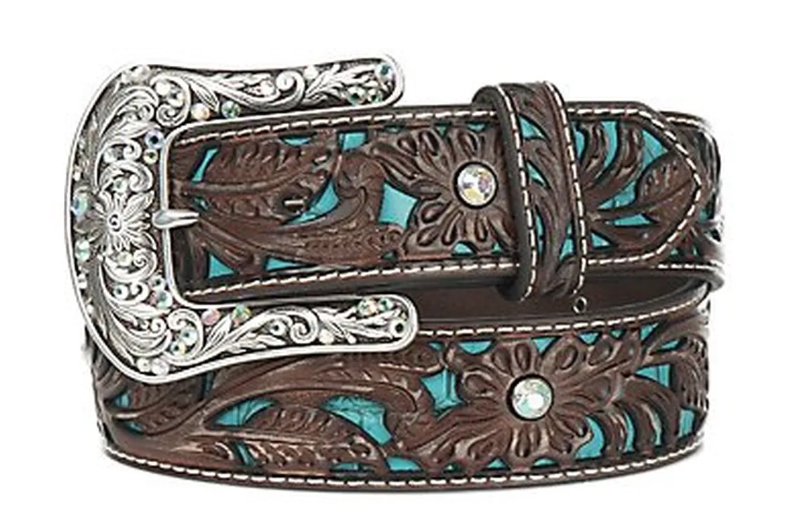 Ariat Women's Brown Tooled with Turq Inlay Leather Belt