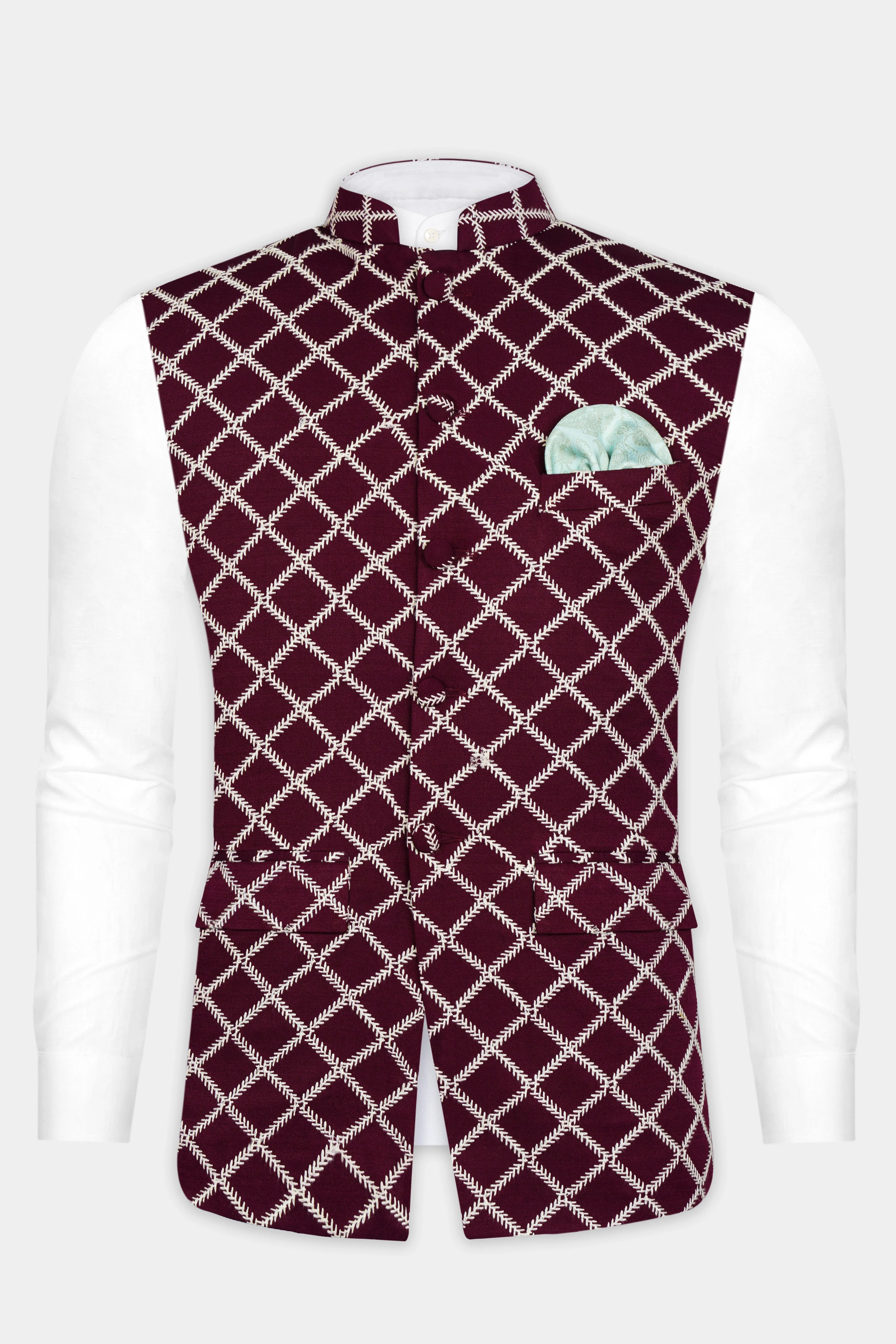 Aubergine Maroon Geometric Pattern Thread Embroidered Designer Viscose Nehru Jacket