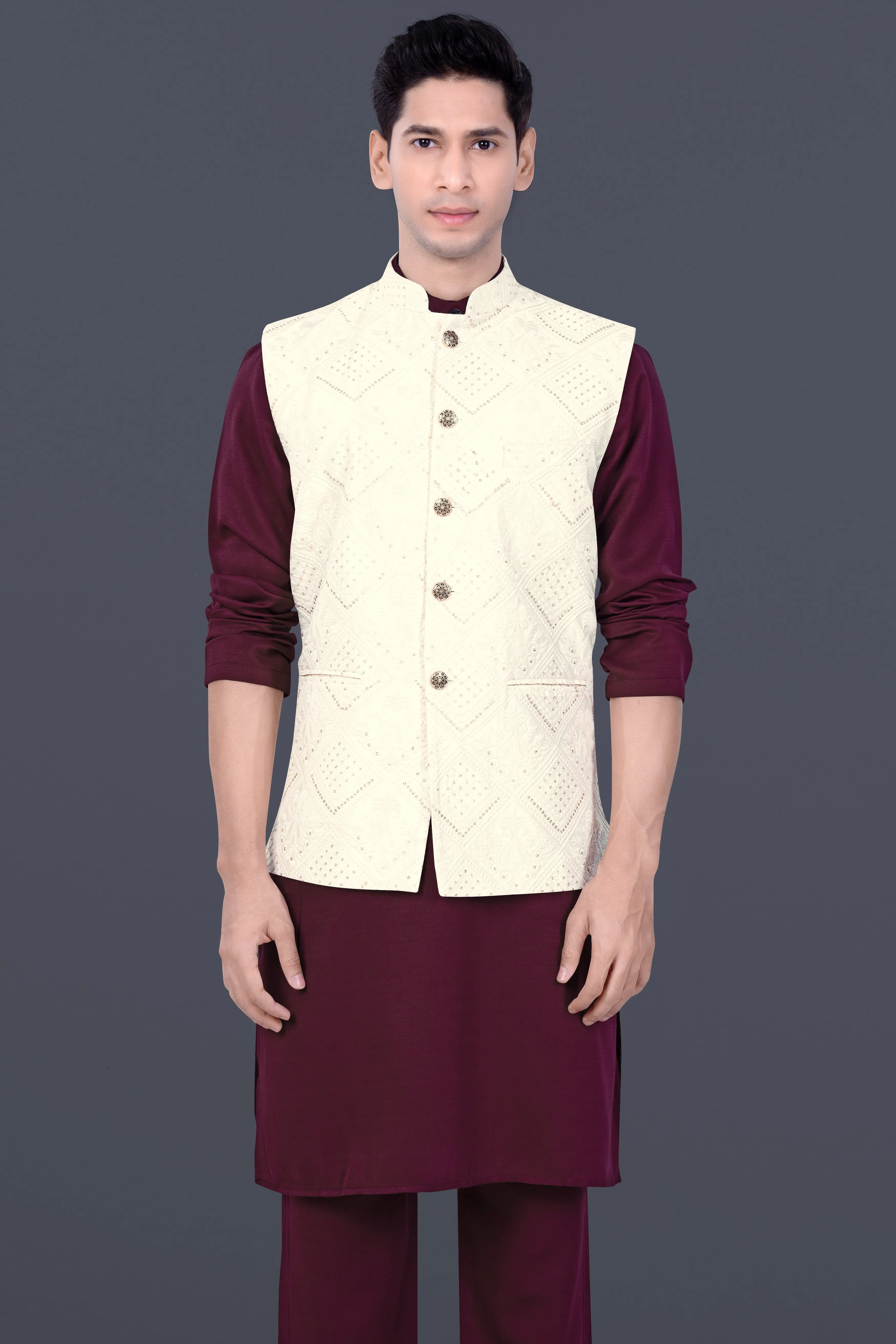 Aubergine Maroon Kurta Set With Eggshell Cream Trellis Sequin And Thread Embroidered Nehru Jacket