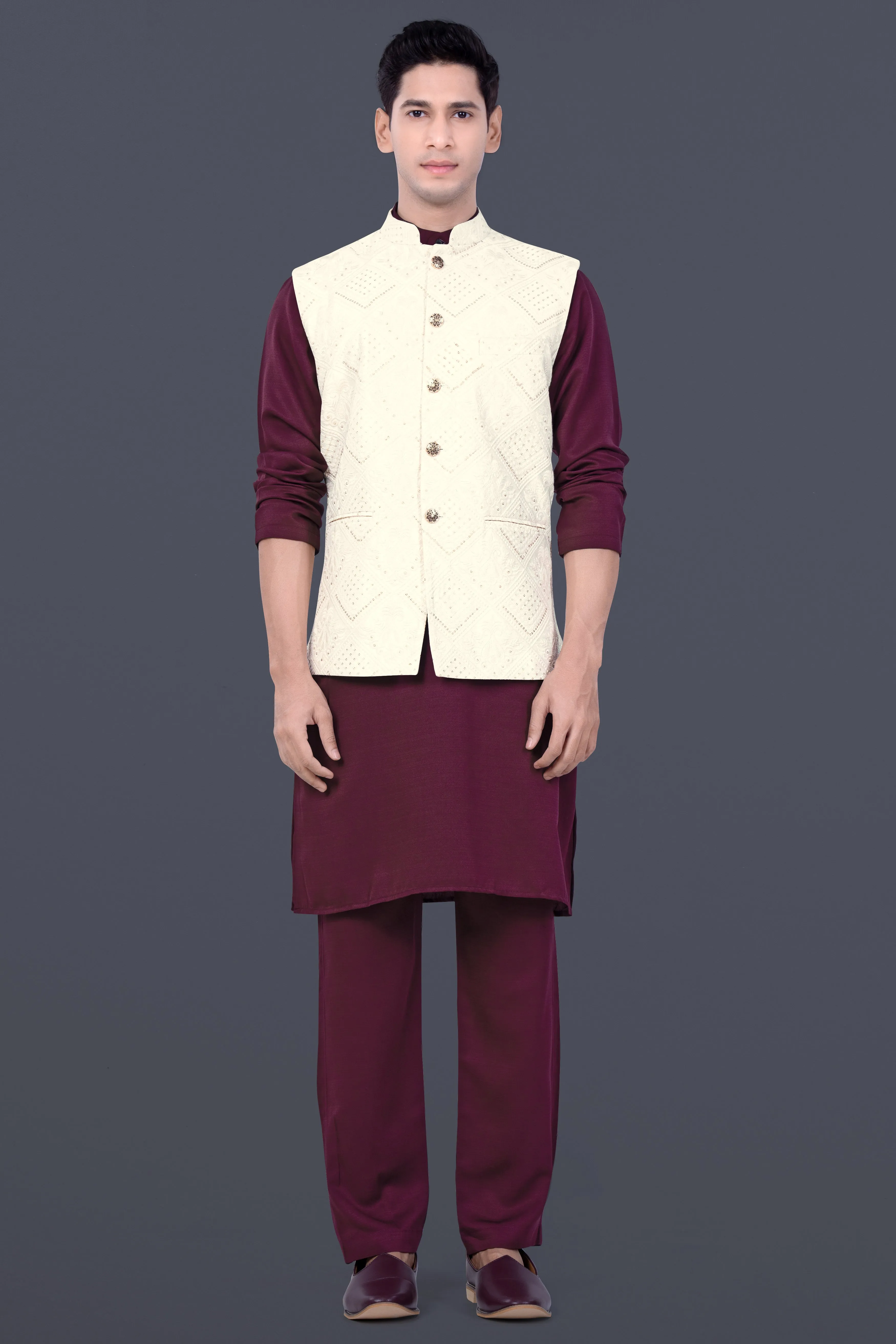 Aubergine Maroon Kurta Set With Eggshell Cream Trellis Sequin And Thread Embroidered Nehru Jacket