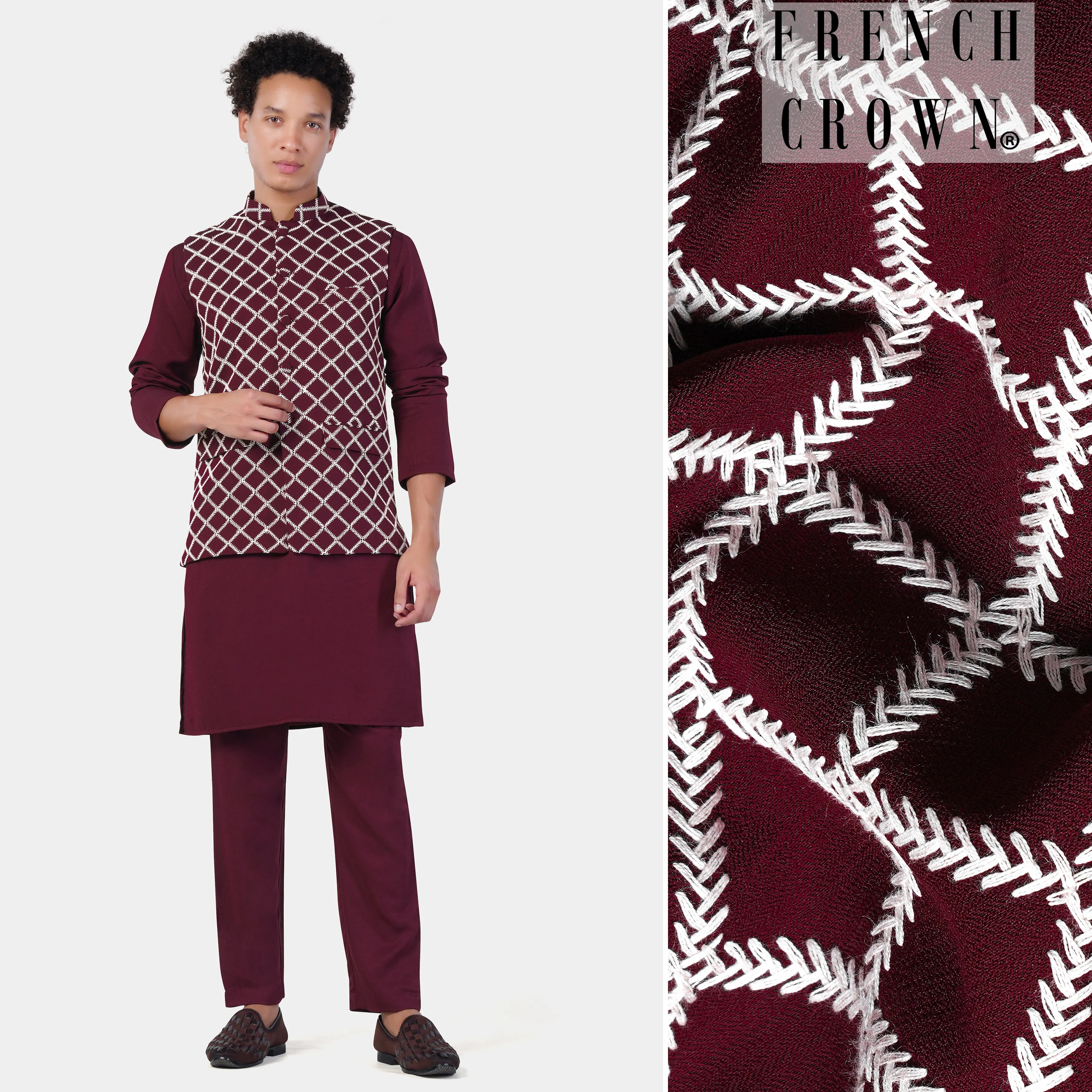 Aubergine Maroon Subtle Sheen Viscose Kurta Set with Geometric Pattern Thread Embroidered Designer Nehru Jacket