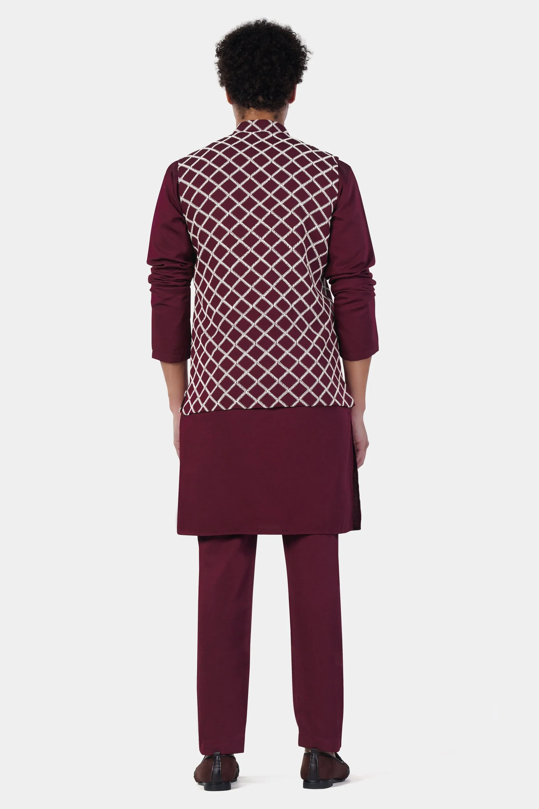 Aubergine Maroon Subtle Sheen Viscose Kurta Set with Geometric Pattern Thread Embroidered Designer Nehru Jacket