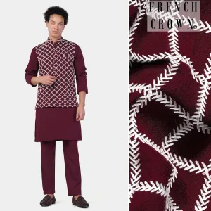 Aubergine Maroon Subtle Sheen Viscose Kurta Set with Geometric Pattern Thread Embroidered Designer Nehru Jacket