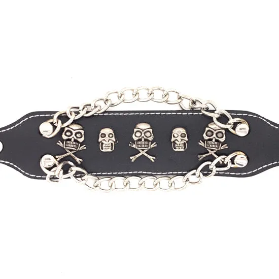 Black Leather Stainless Steel Skull And Crossbones Chain Bracelet / LBJ12509