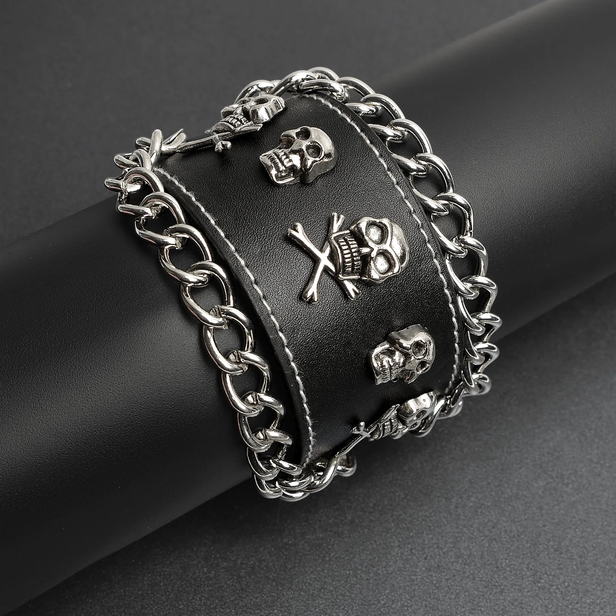 Black Leather Stainless Steel Skull And Crossbones Chain Bracelet / LBJ12509