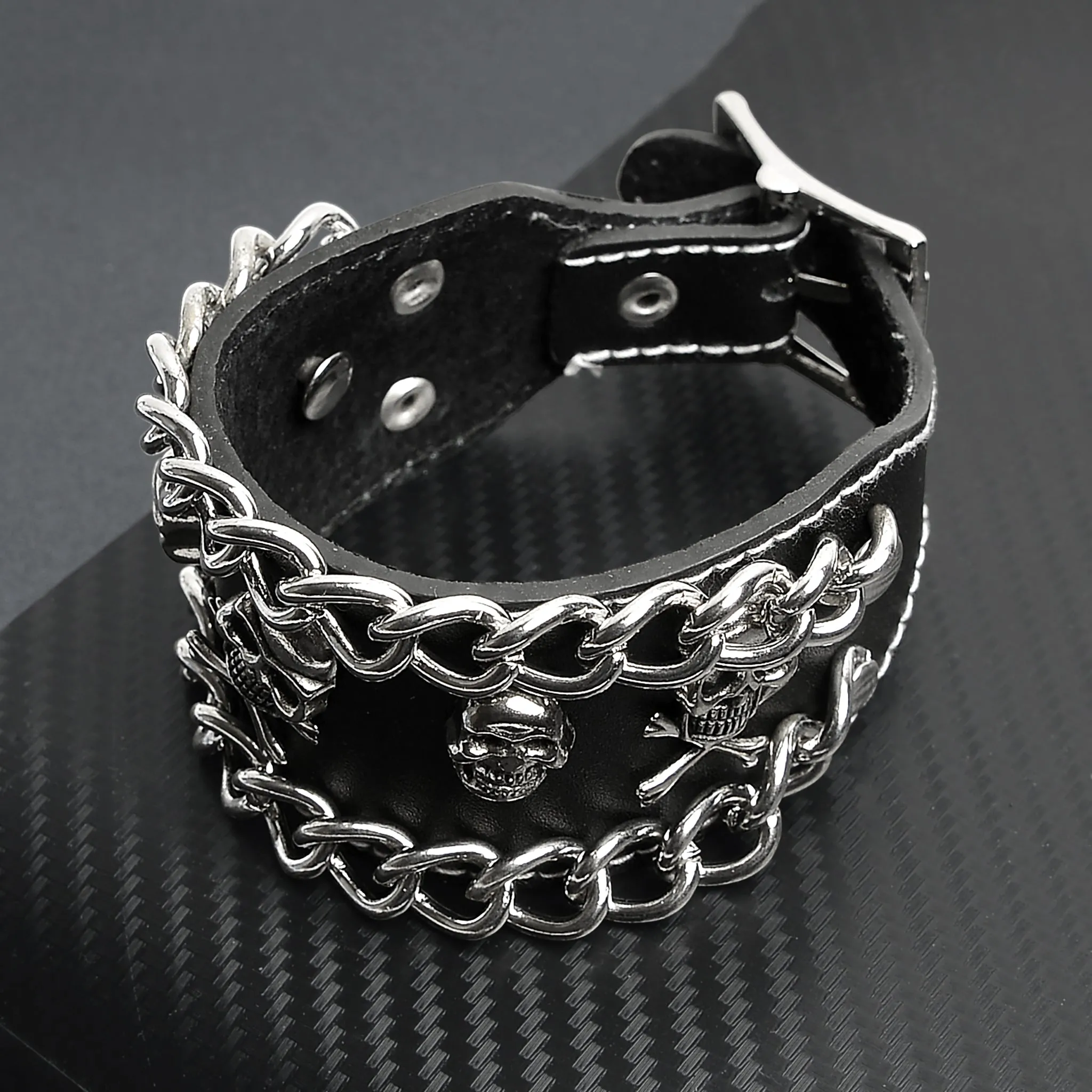 Black Leather Stainless Steel Skull And Crossbones Chain Bracelet / LBJ12509