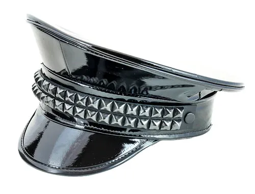 Black Patent Leather Captain Hat w/ Black Pyramid Stud Details