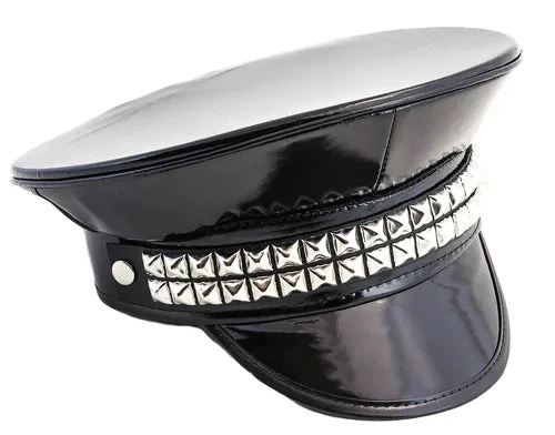 Black Patent Leather Captain Hat w/ Silver Pyramid Stud Details