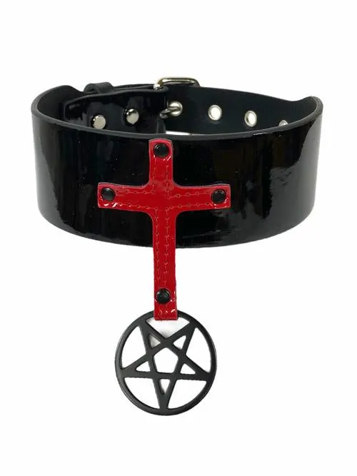 Black Patent Leather Collar w/ Red Cross Piece and Hanging Inverted Pentagram Detail