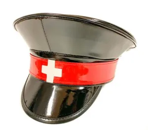 Black Shiny Patent Vegan Leather Police Hat w/ Red Strap and White Cross Detail