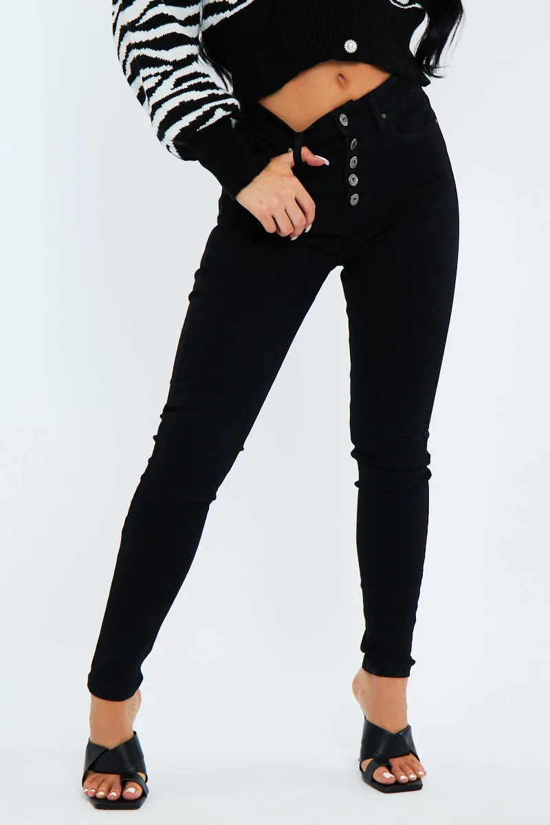 Black Super Stretch Button Front Skinny Jeans -  Jady