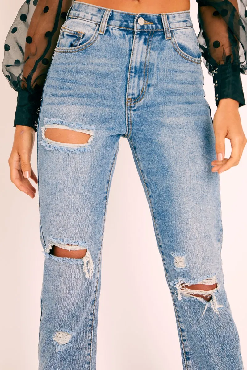 Blue Denim Destroyed Straight Leg Jeans - Gena