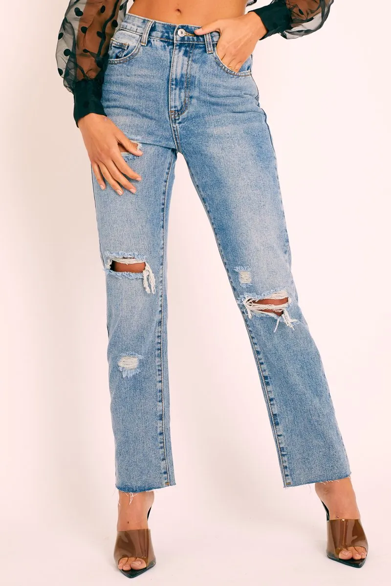 Blue Denim Destroyed Straight Leg Jeans - Gena