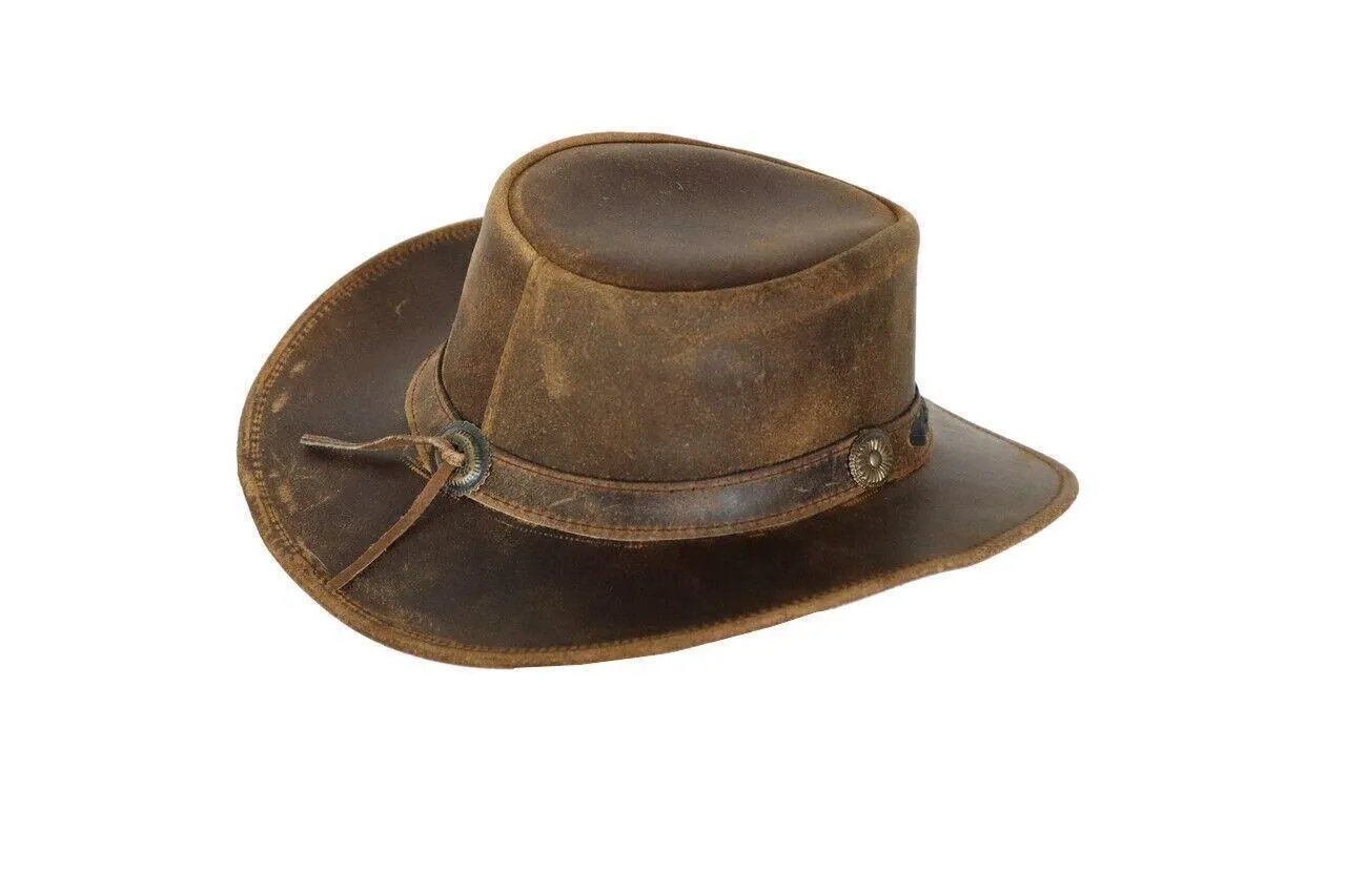 Childrens Kids Real Leather Australian Western Cowboy Tan Crazy Horse Bush Hat - Troy