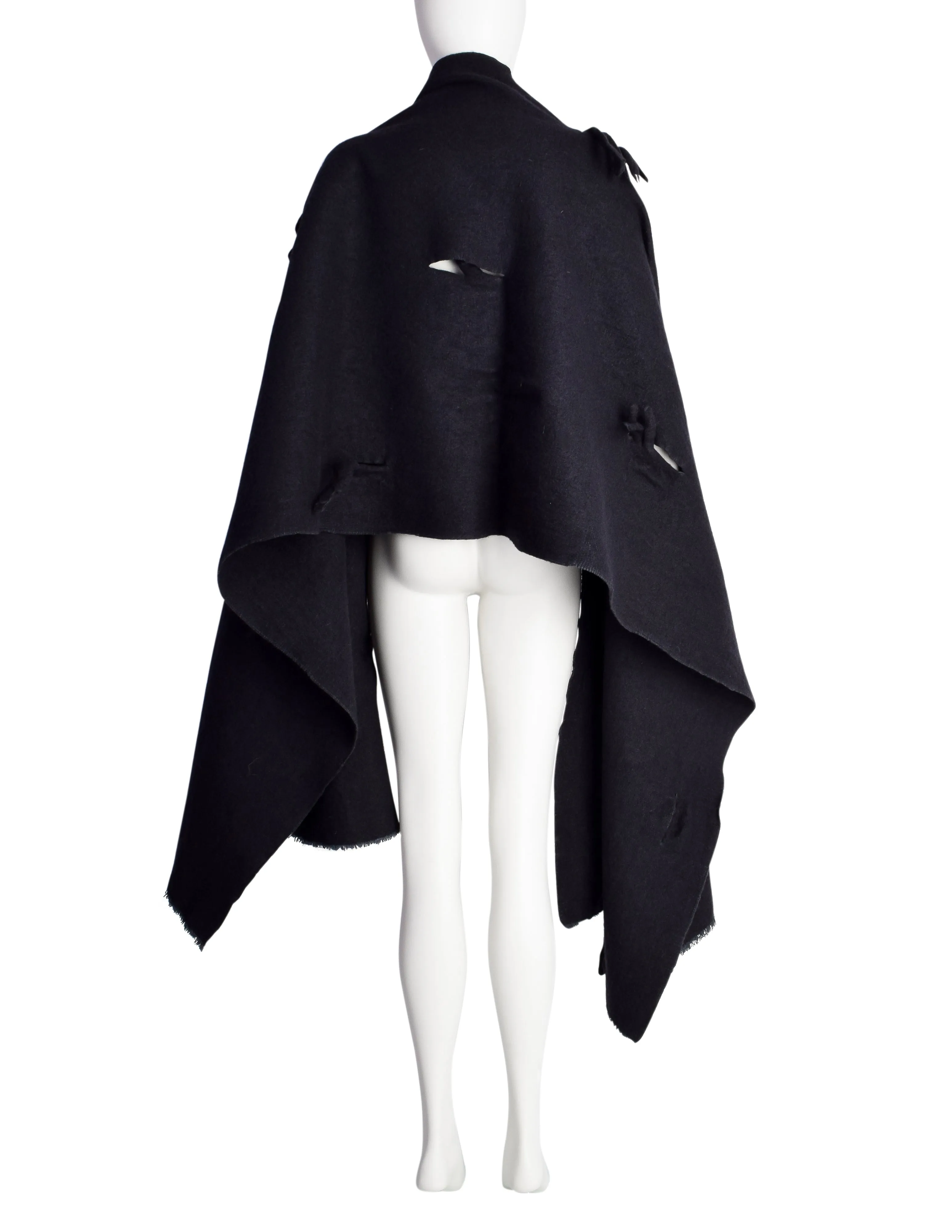 Comme des Garcons Vintage AW 1982 Destroy Collection Black Wool 'Hole' Blanket Scarf Wrap Shawl