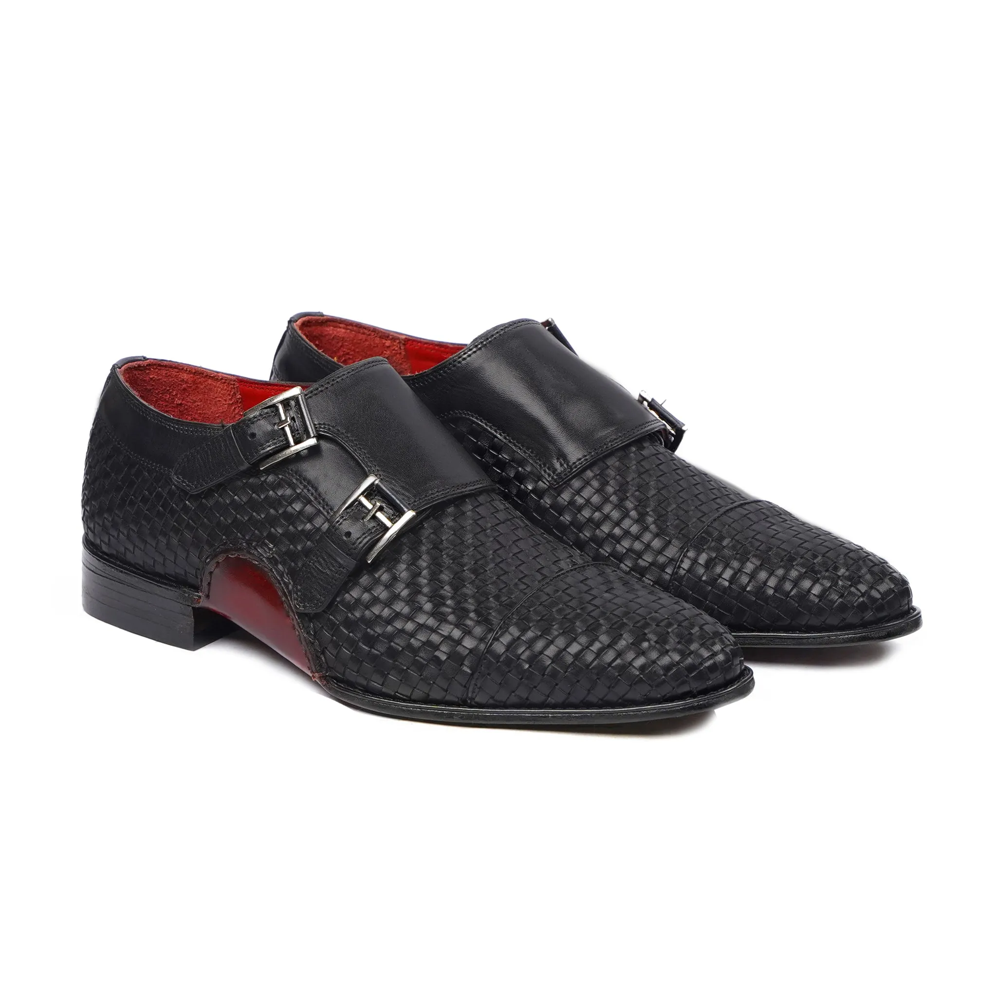 Dasoki - Men's Black Hand Woven Calf Leather Double Monkstrap