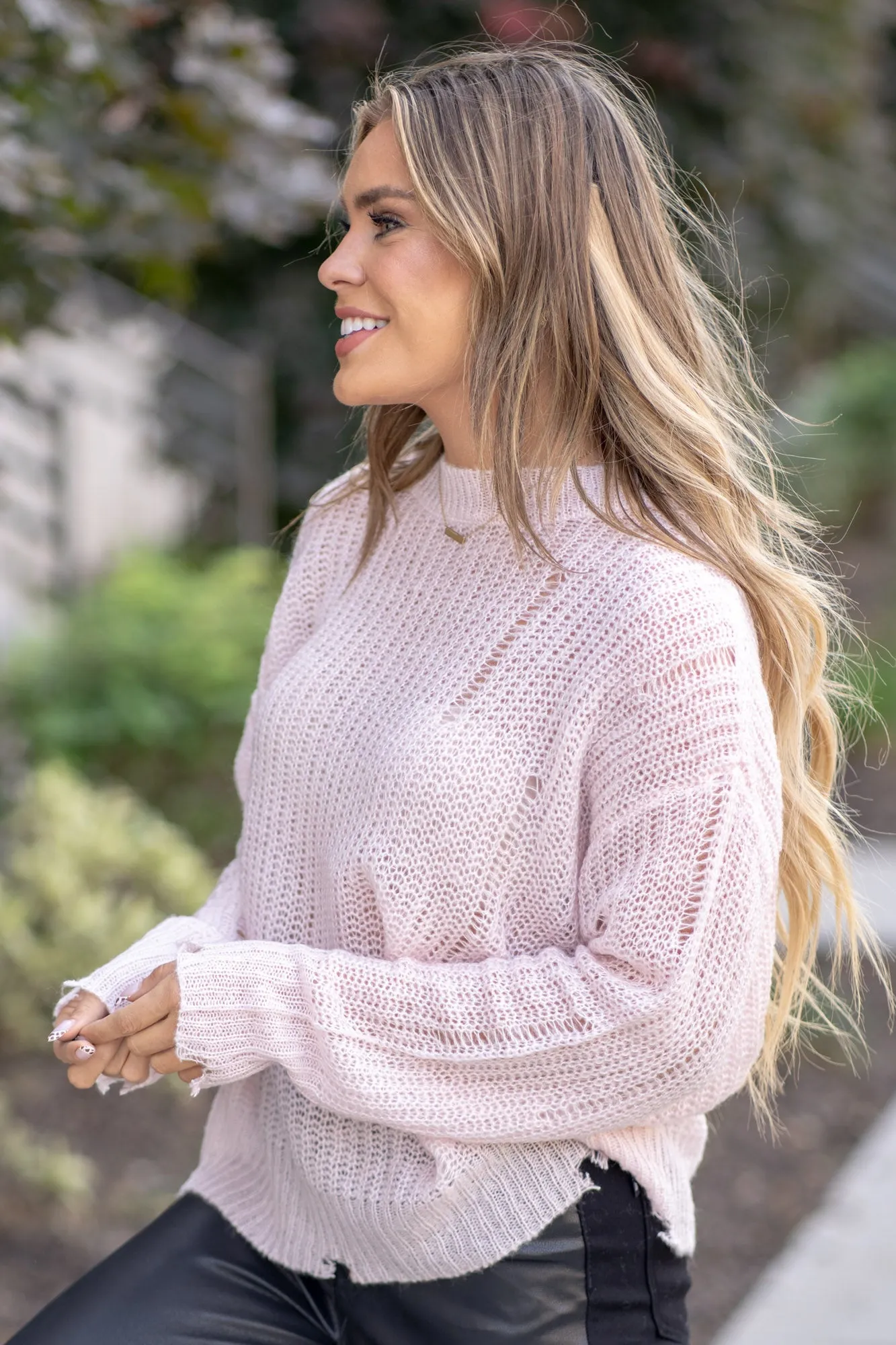 Distressed Long Sleeve Knit Top