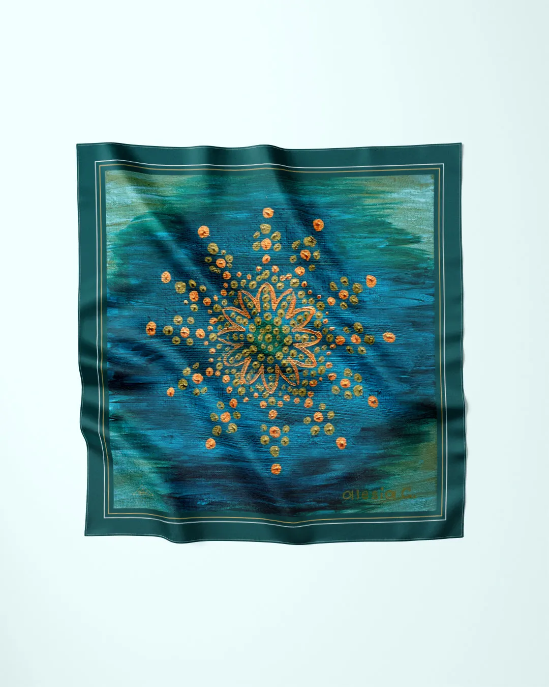 GOLD MANDALA Designer 100% Silk Scarf in Emerald Gold