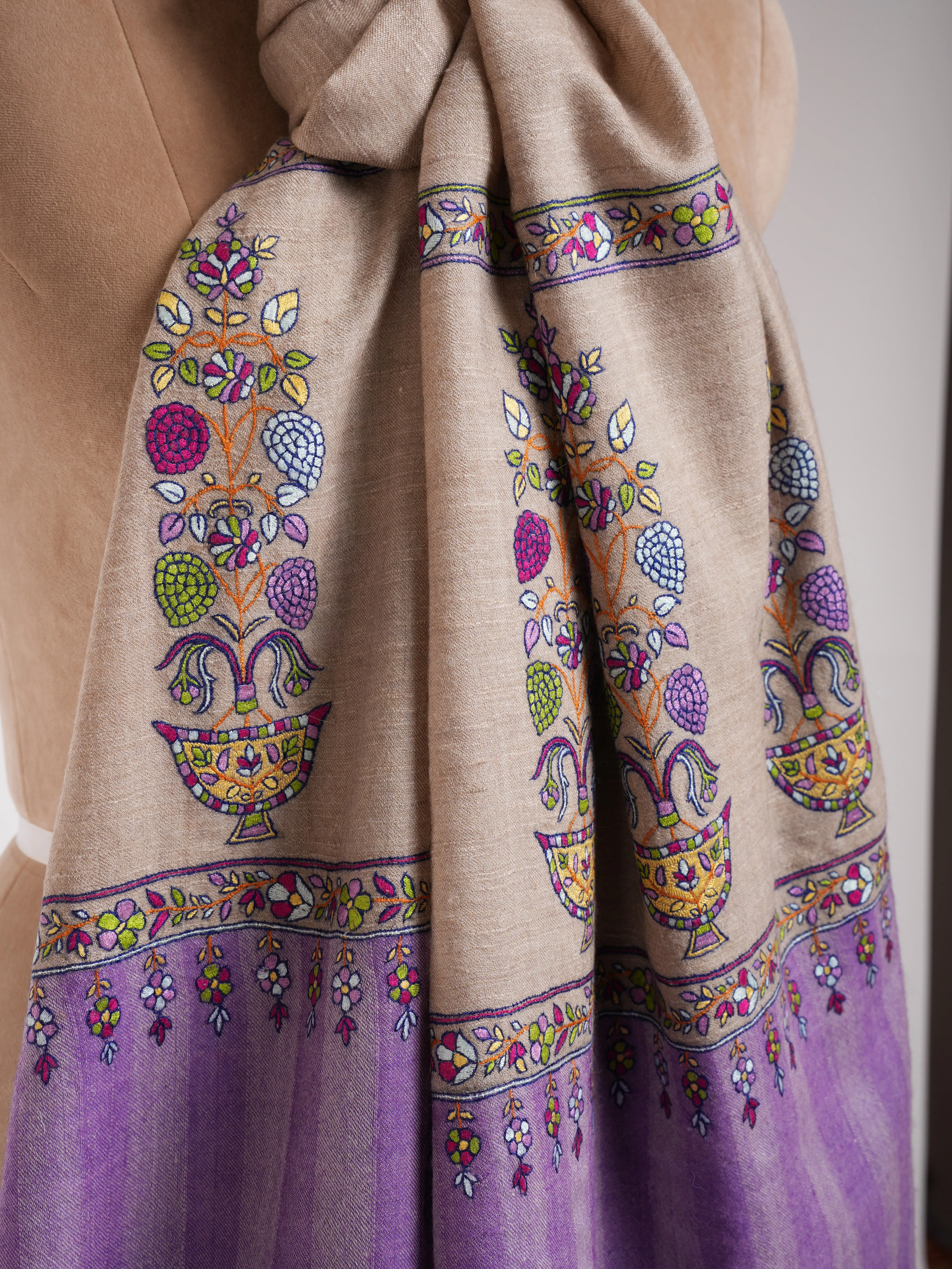 Gray and Purple Kashmiri Pashmina Shawl with Sozni Embroidery