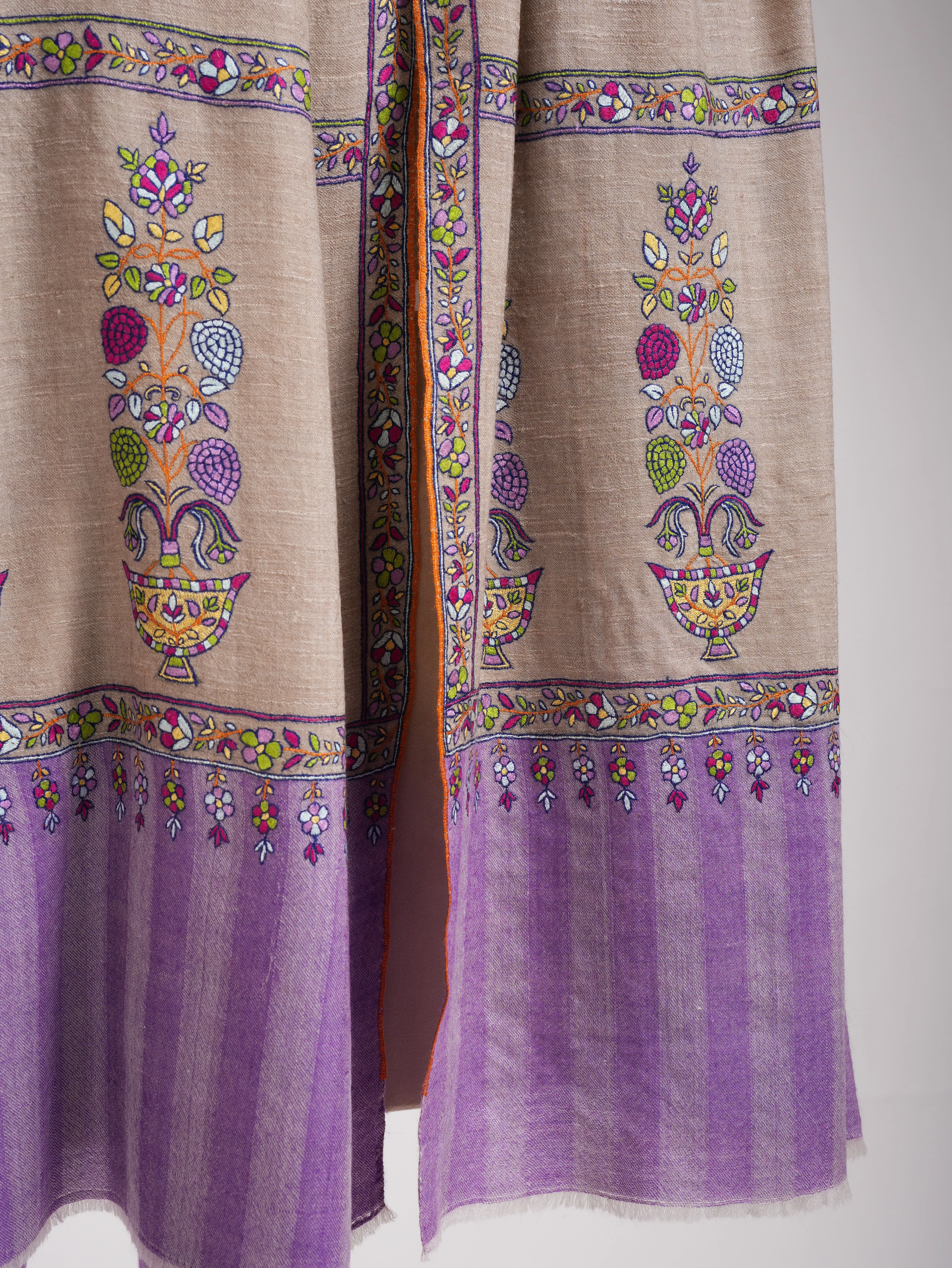 Gray and Purple Kashmiri Pashmina Shawl with Sozni Embroidery