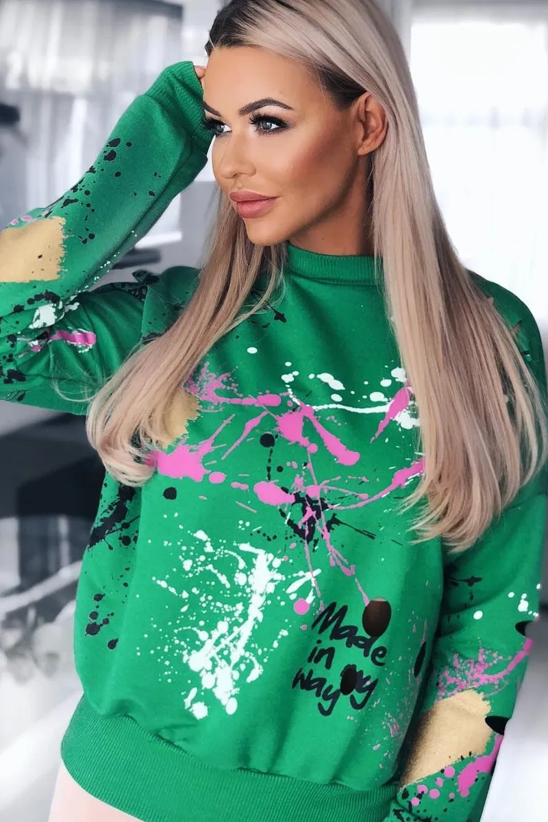 Green Distressed Paint Splatter Jumper - Mina