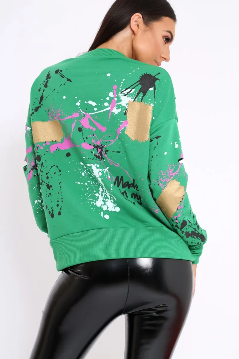 Green Distressed Paint Splatter Jumper - Mina