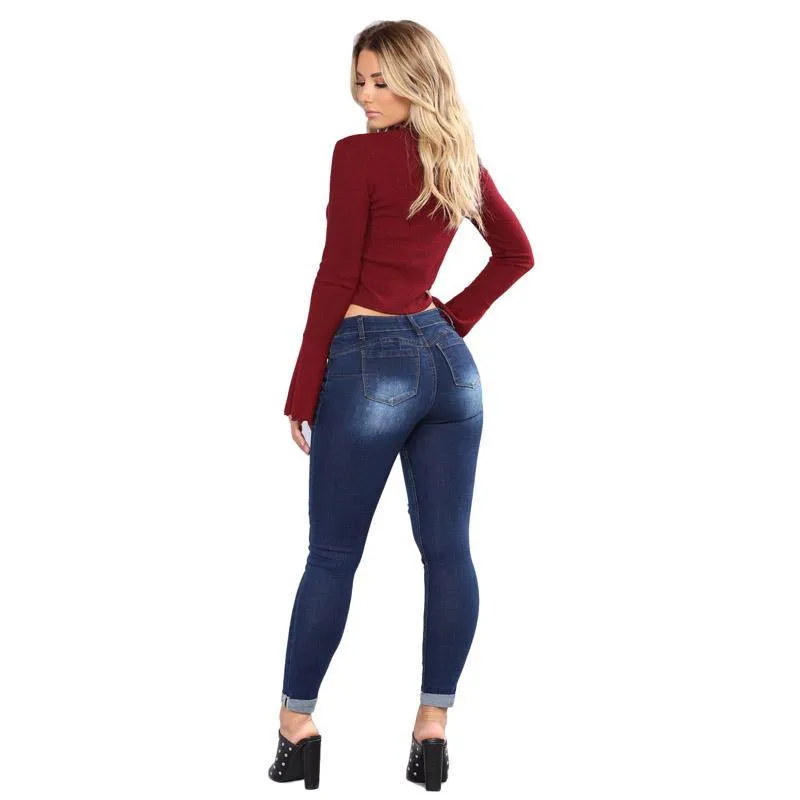 High Waist Ripped Hips Pencil Jeans