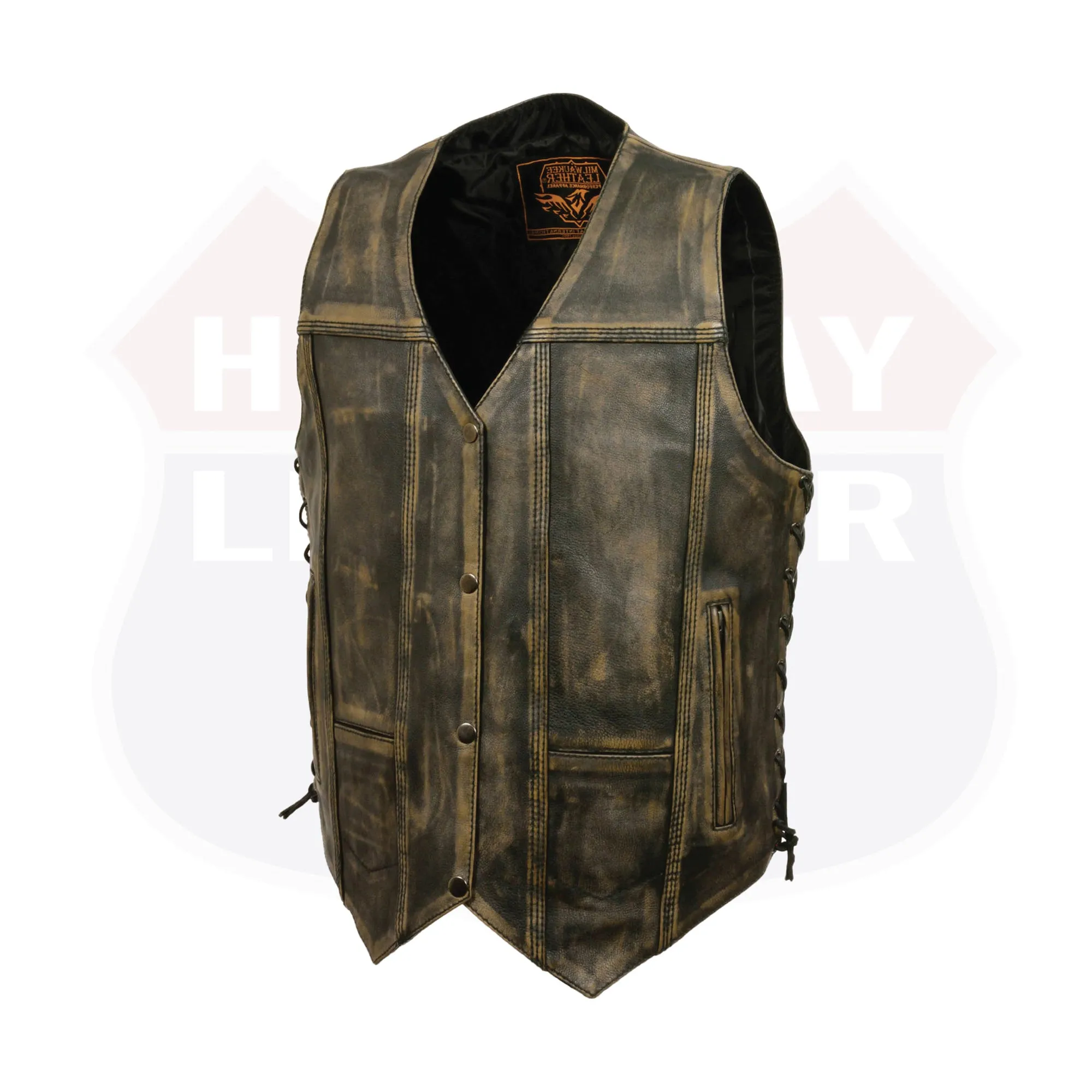 HL3540BEIGE Charcoal Brown Hamilton washed BEIGE leather motorcycle vest