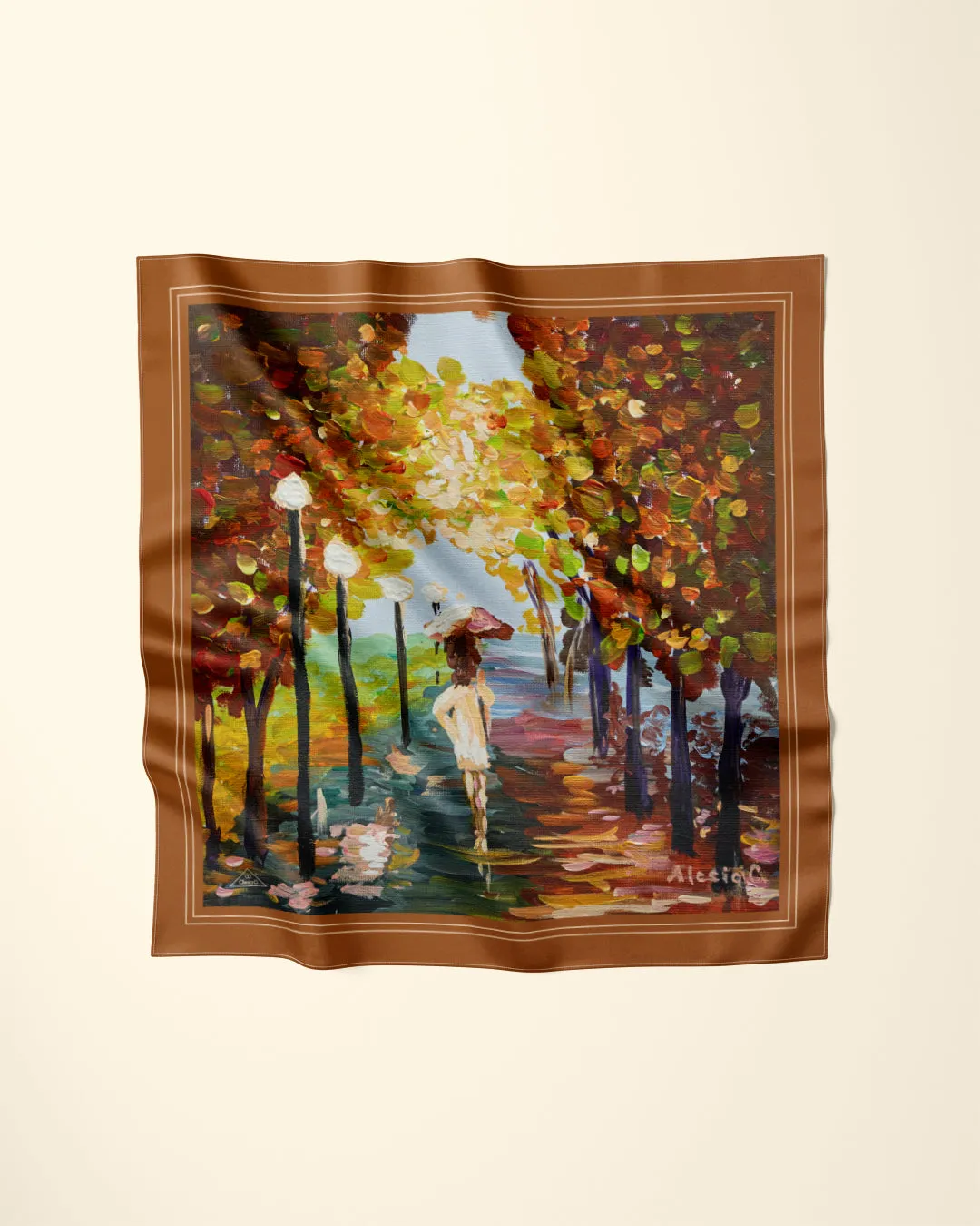 LADY GOLD FALL Designer 100% Silk Art-A-Porte Scarf in Rust Brown Green