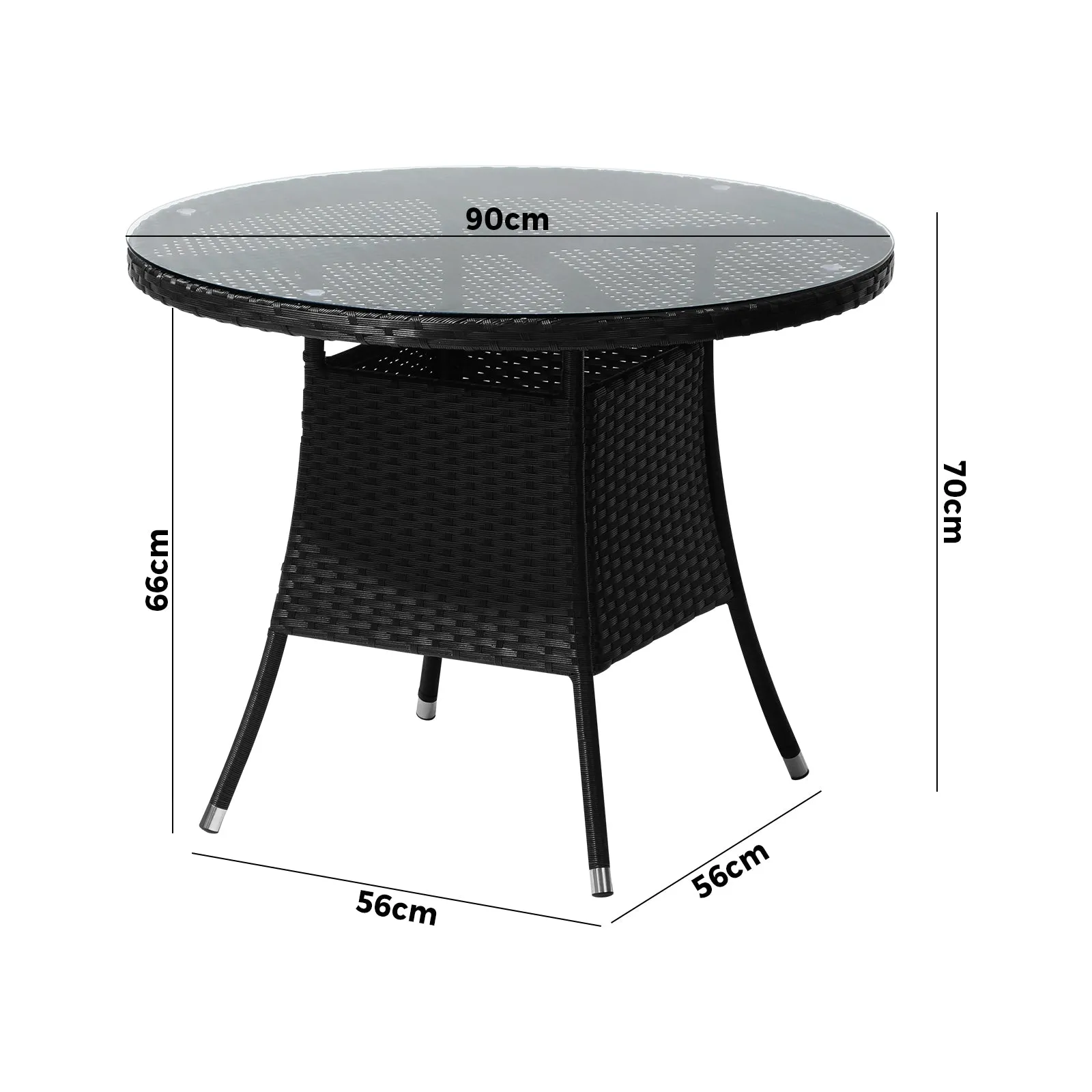 Livsip Outdoor Dining Table 90CM Round Rattan Glass Table Patio Furniture Black