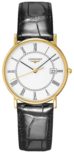 Longines Presence 18kt Yellow Gold White Dial Black Leather Strap Date Quartz Mens Watch L4.743.6.11.0