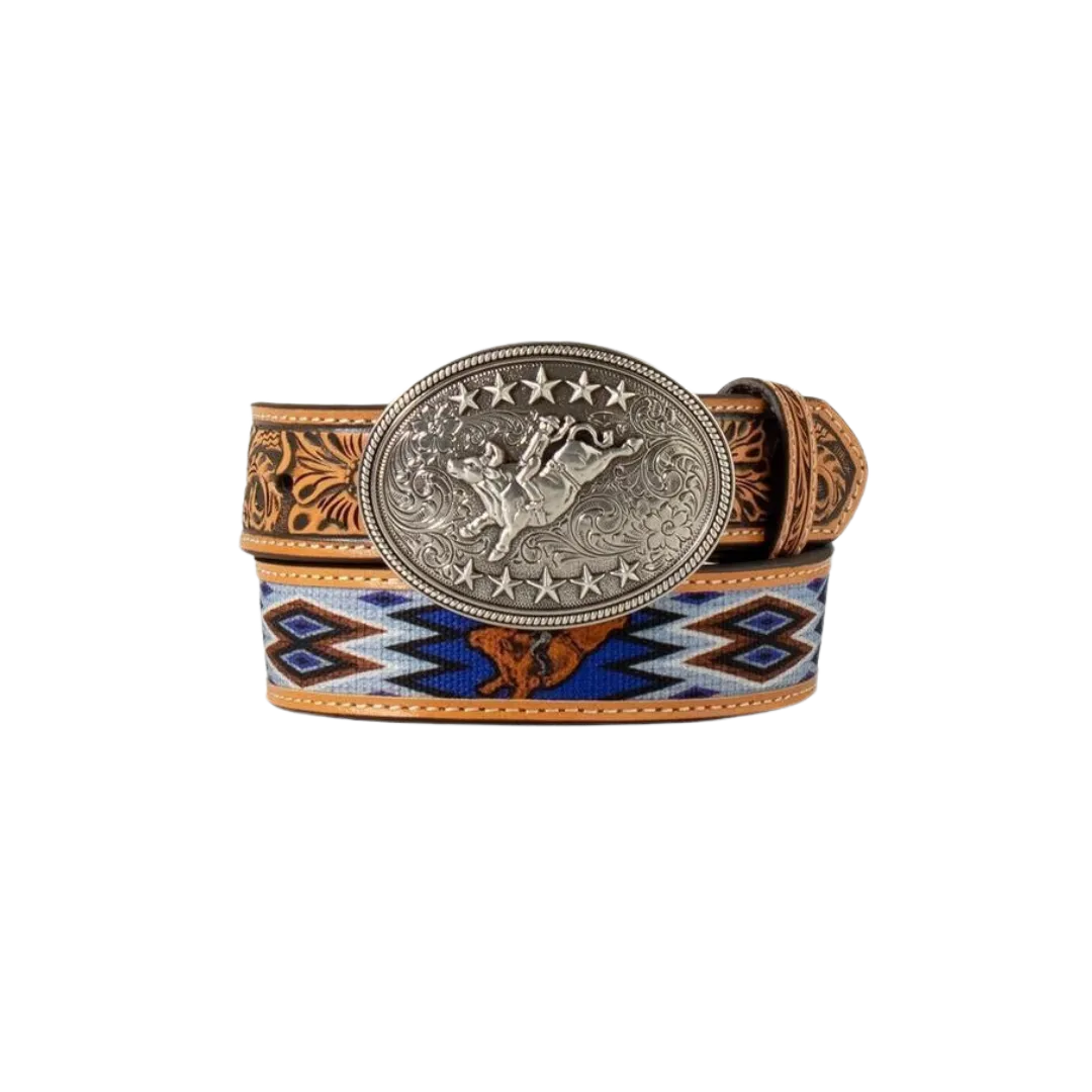 M&F Boy's Bull Rider Floral Embossed Brown Blue Belt