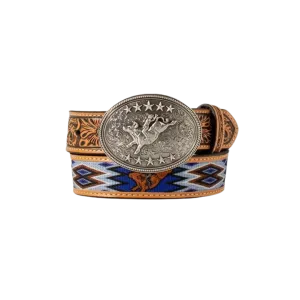 M&F Boy's Bull Rider Floral Embossed Brown Blue Belt