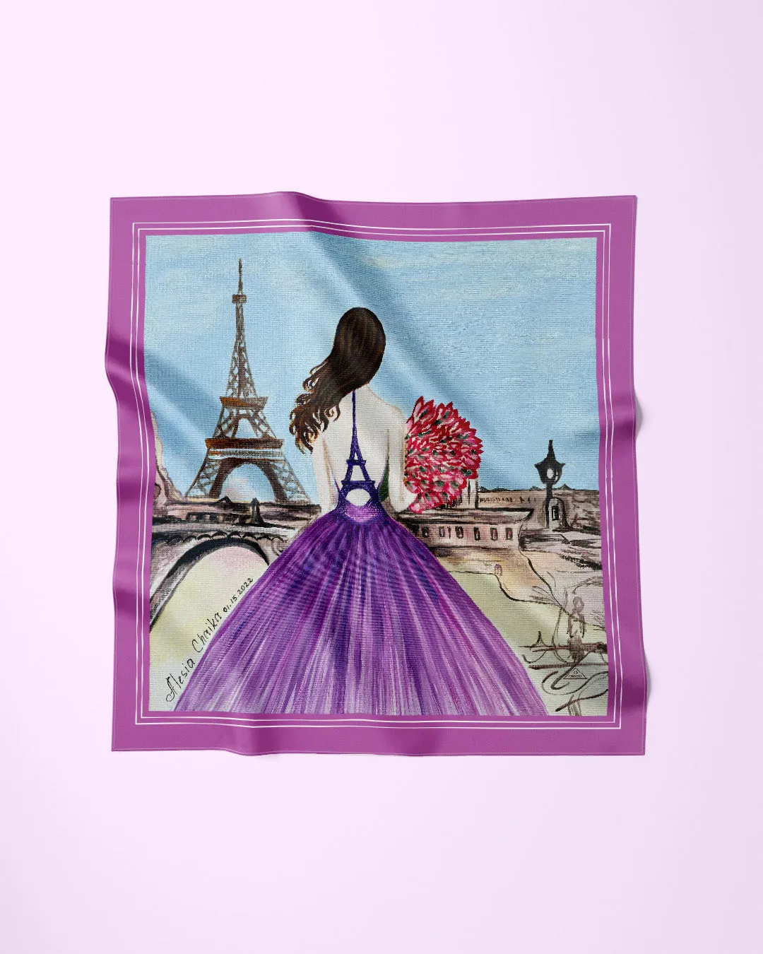 MEET ME IN PARIS Designer 100% Silk Art-A-Porte Scarf in Lavender Light Blue