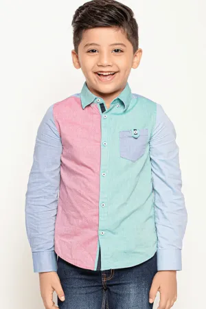 One Friday Varsity Chic Dual-Colored Blue and Pink Full Sleeves Shirt for Boys