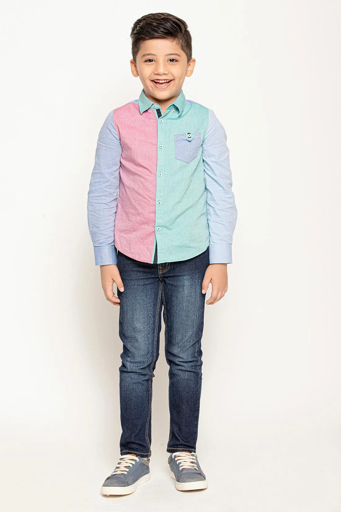 One Friday Varsity Chic Dual-Colored Blue and Pink Full Sleeves Shirt for Boys