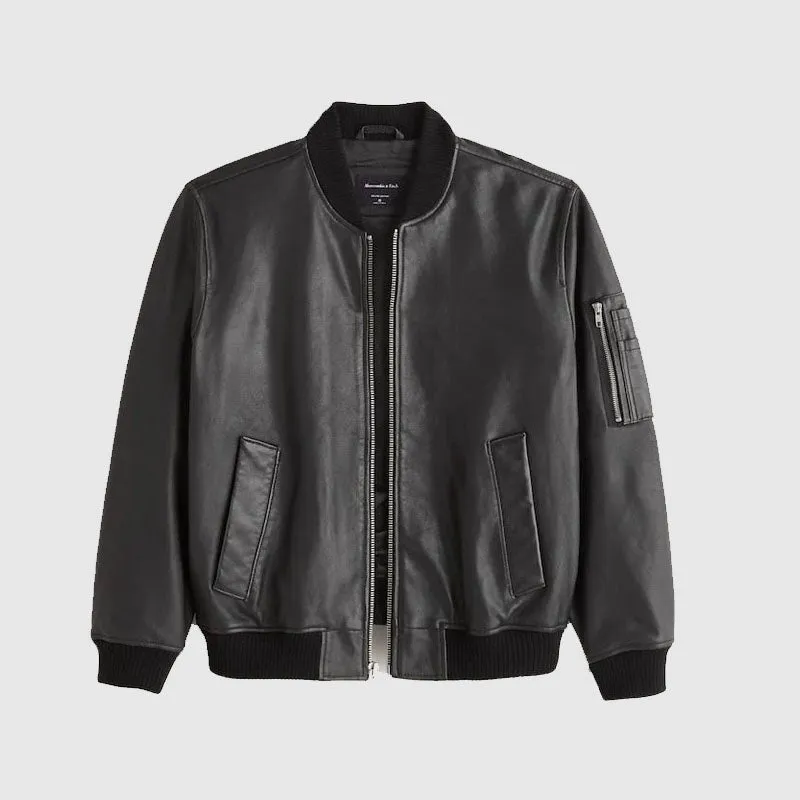 Premium Quality Men's Genuine Leather Bomber Jacket in Black