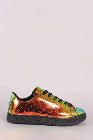 Qupid Perforated Holographic Low Top Lace Up Sneaker