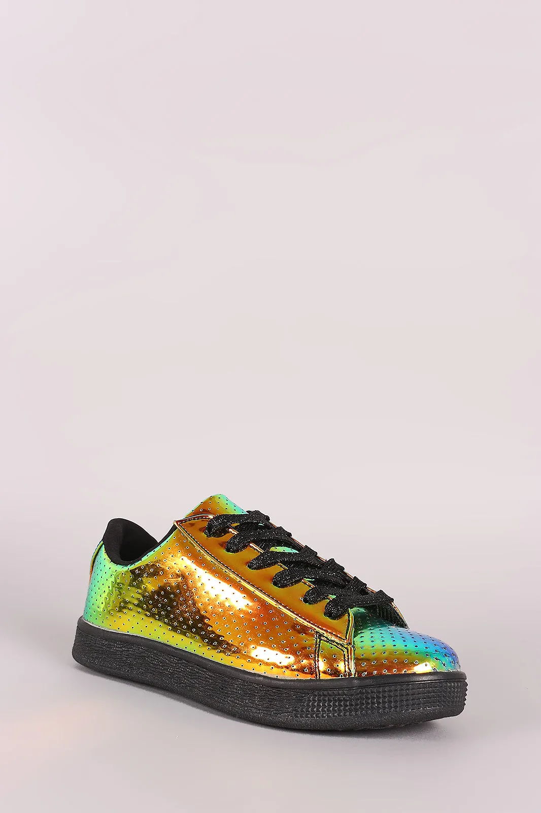 Qupid Perforated Holographic Low Top Lace Up Sneaker