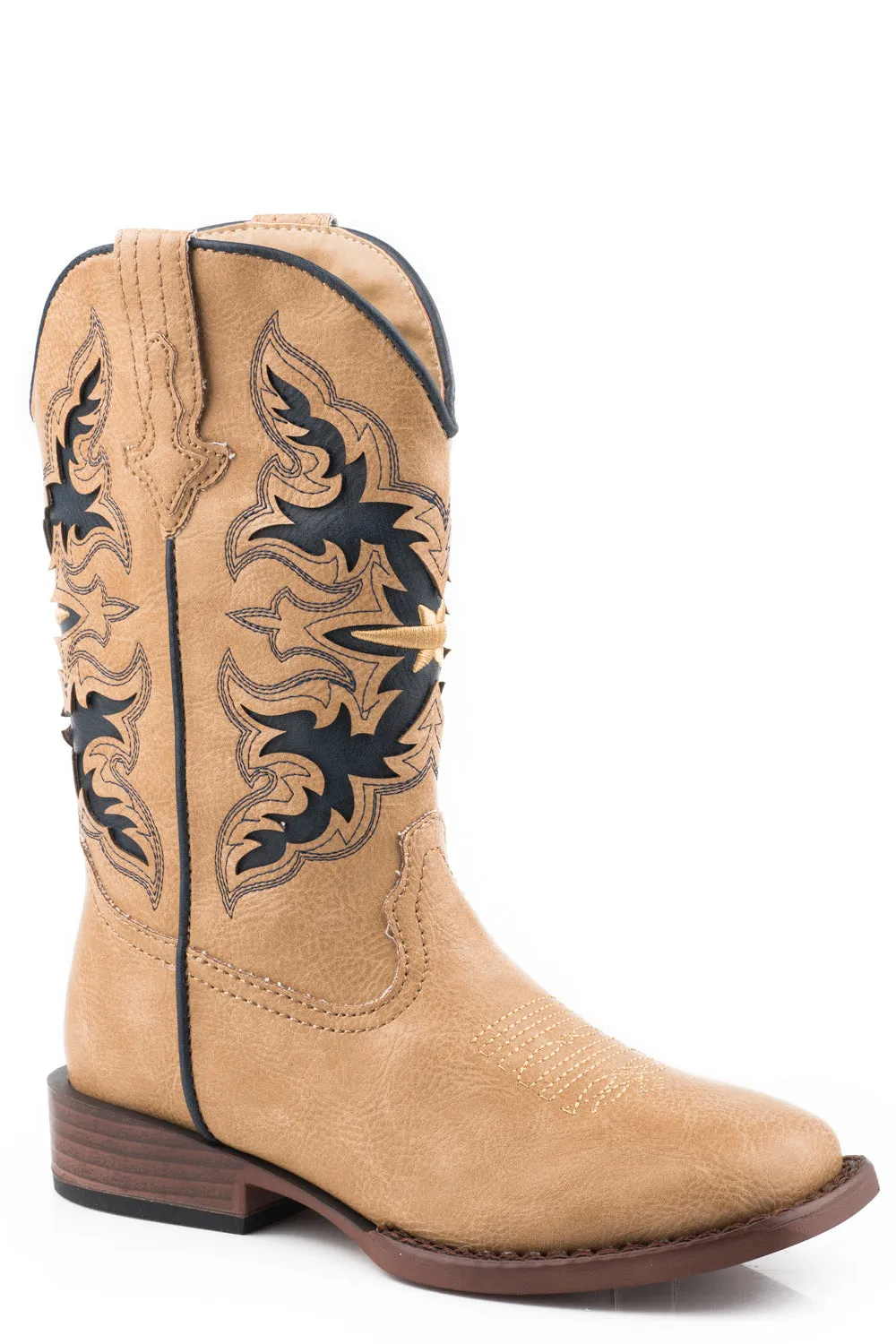 Roper Kids Boys Tan/Black Faux Leather Amos 9In Cowboy Boots