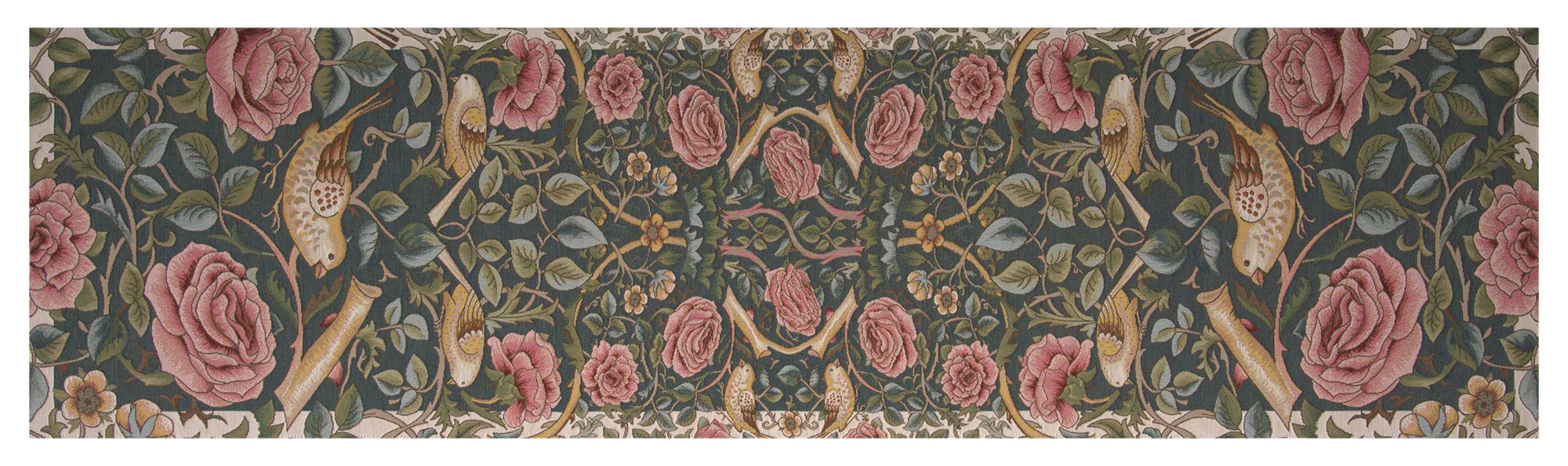 Roses and Birds II Blue French Tapestry Table Runner