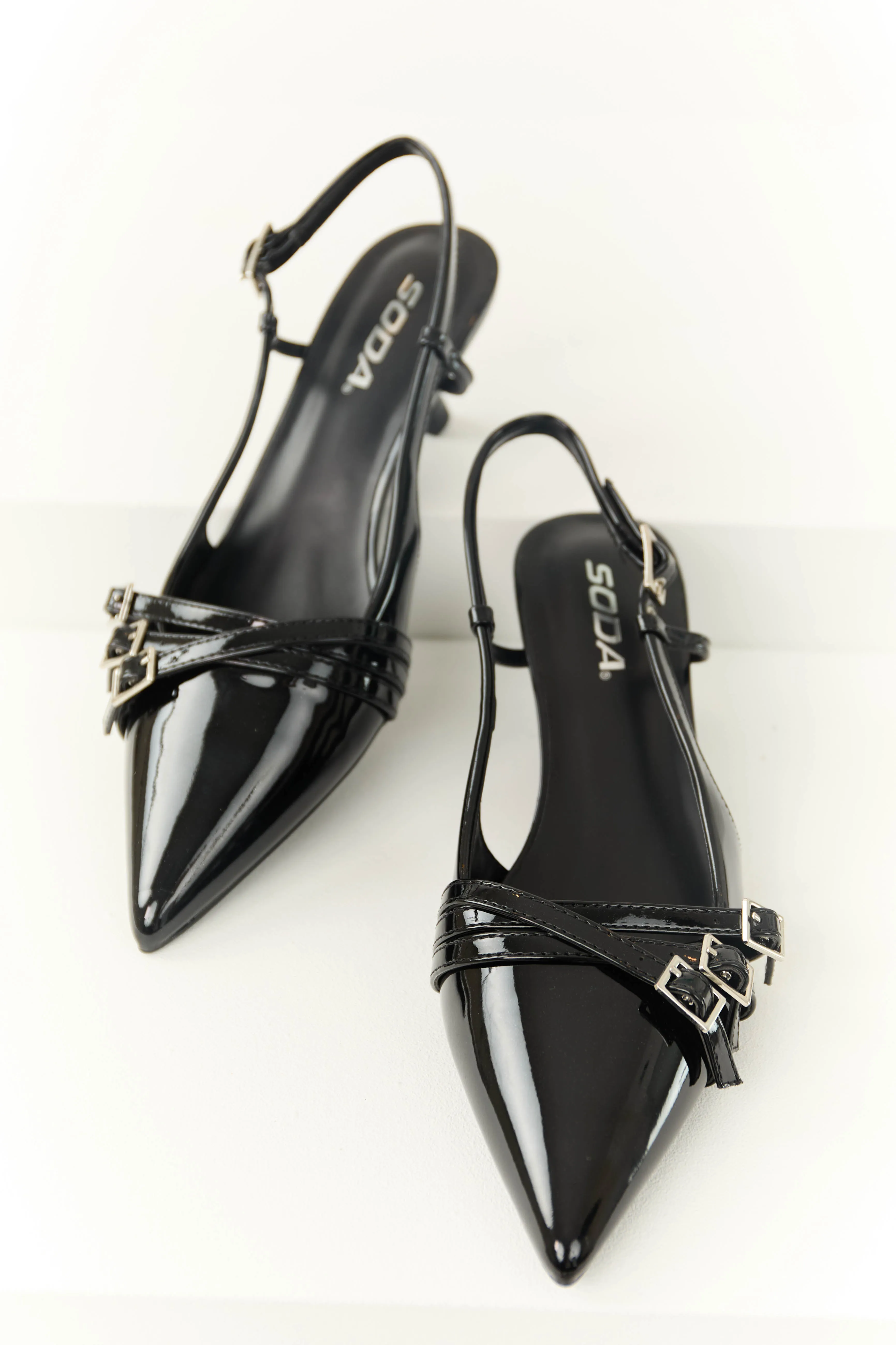 Shiny Black Pointed Toe Sling Back Heels