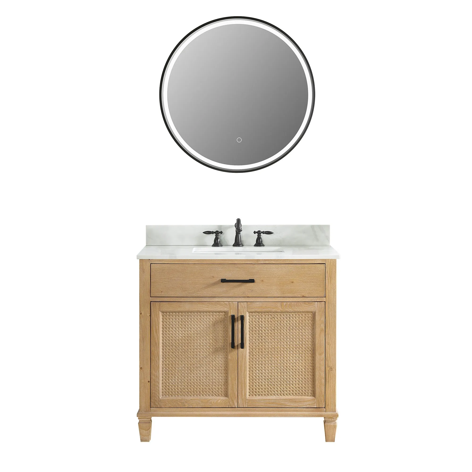 Solana 36" Single Bathroom Vanity in Weathered Fir with Calacatta White Quartz Countertop