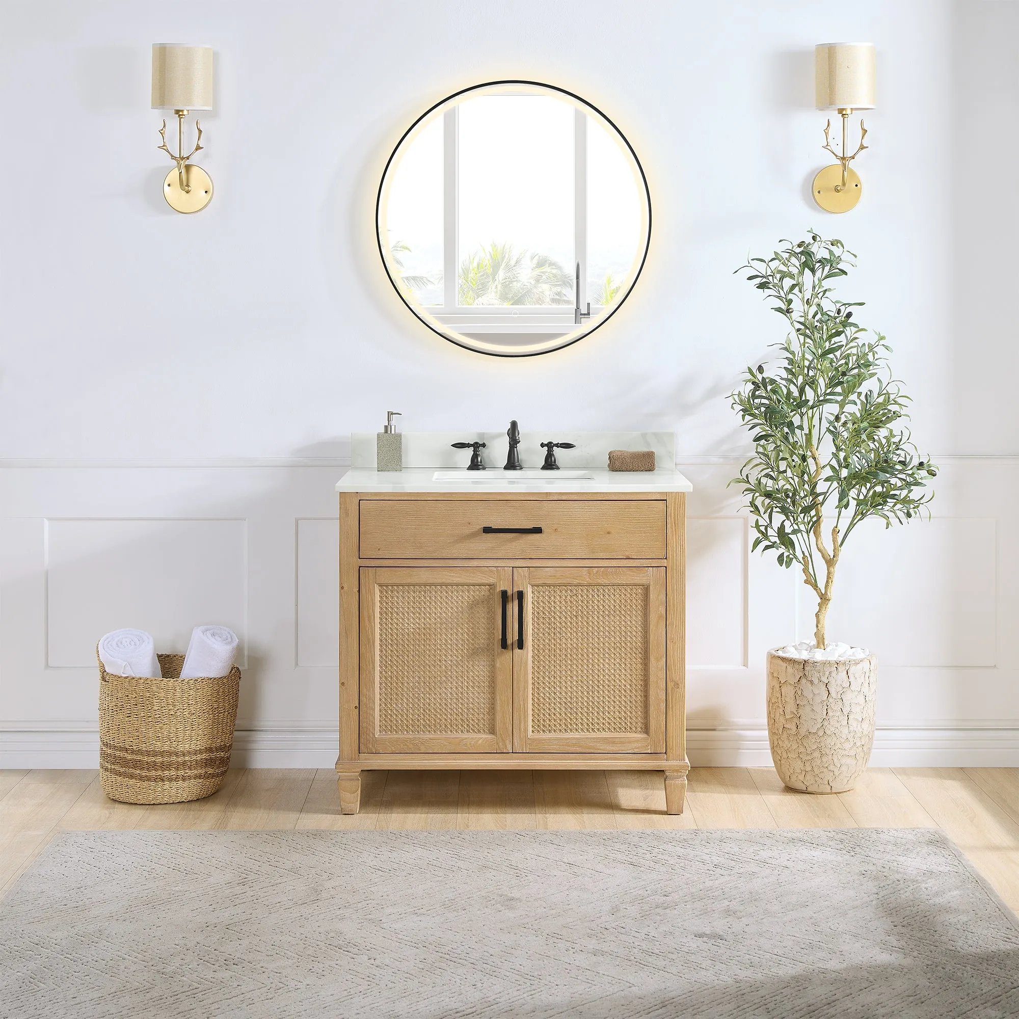 Solana 36" Single Bathroom Vanity in Weathered Fir with Calacatta White Quartz Countertop