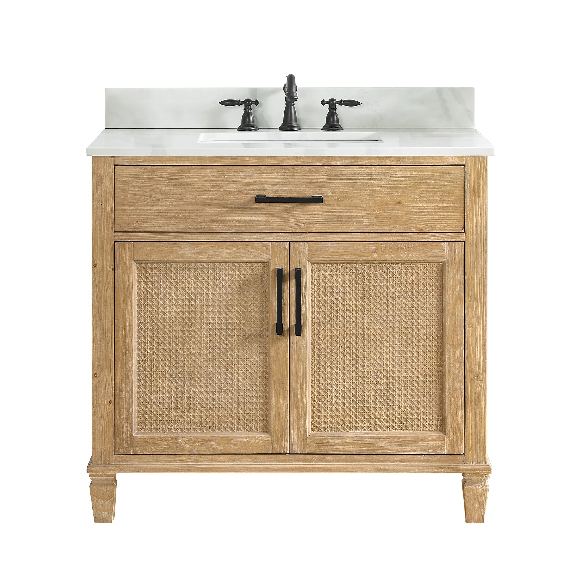 Solana 36" Single Bathroom Vanity in Weathered Fir with Calacatta White Quartz Countertop